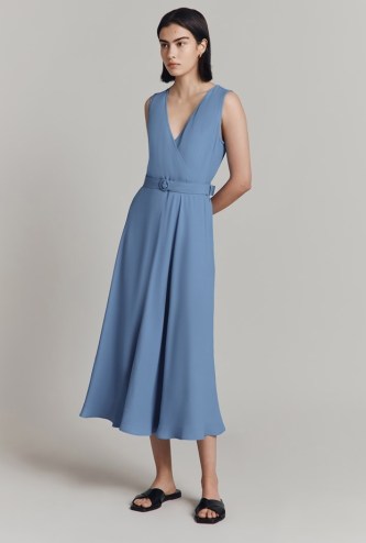 GHOST Ivy Crepe Belted Midi Dress Cornflower Blue – sleeveless V-neck dresses with bias cut skirt