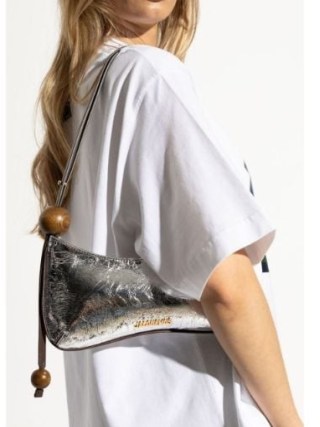 Jacquemus Le Bisou Perle Shoulder Bag in Silver / crinkled leather baguette style bags / small luxe metallic handbag