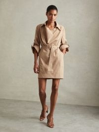 REISS JAYA COTTON BLEND COLLARED COWL NECK MINI DRESS STONE ~ women’s contemporary belted dresses
