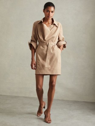 REISS JAYA COTTON BLEND COLLARED COWL NECK MINI DRESS STONE ~ women’s contemporary belted dresses