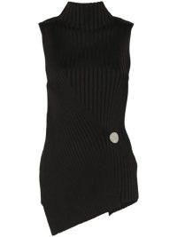 Jil Sander Ribbed Knit Top in Black ~ chic sleeveless high neck asymmetric tops