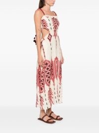 Johanna Ortiz Palm Of Tiahuanaco Dress in Beige, red and black geometric print ~ sleeveless linen side cut out dresses ~ open tie back detail