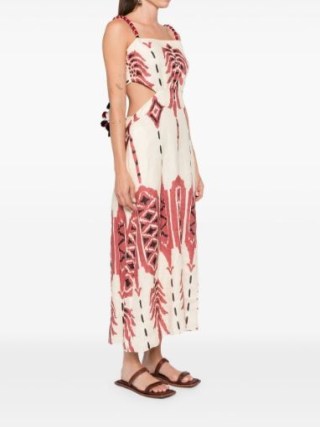 Johanna Ortiz Palm Of Tiahuanaco Dress in Beige, red and black geometric print ~ sleeveless linen side cut out dresses ~ open tie back detail