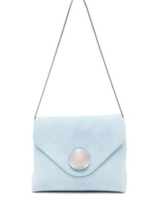 KHAITE The Bobbi Shoulder Bag in Baby Blue ~ chic square shaped suede bags