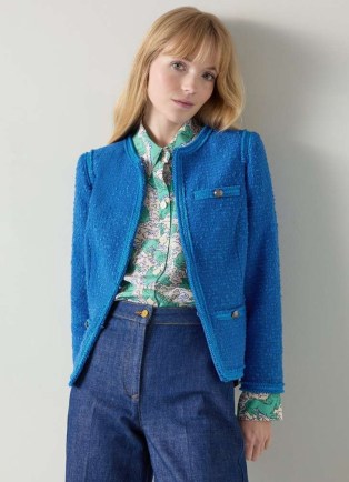 L.K. BENNETT Lara Mazarine Blue Tweed Jacket – women’s textured collarless jackets