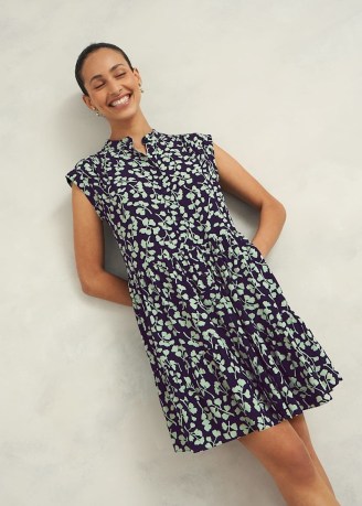 HOBBS LAYLA DRESS COLOUR: TRUE NAVY GREEN ~ cap sleeve floral print relaxed fit dresses ~ mandarin neck ~ tiered hem