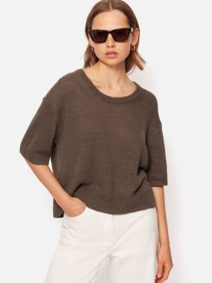 JIGSAW Linen Scoop Neck Knitted T-Shirt in Brown ~ women’s chic tee ~ luxe tops