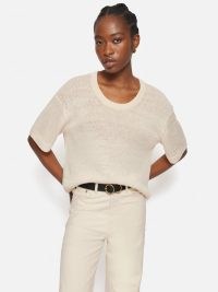 Jigsaw Ivory Linen Scoop Neck Knitted T-Shirt | women’s short sleeve scooped neckline top | luxe style tee
