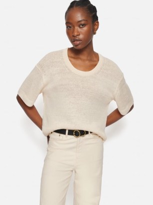 Jigsaw Ivory Linen Scoop Neck Knitted T-Shirt | women’s short sleeve scooped neckline top | luxe style tee