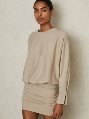 REISS LORENZA RUCHED JERSEY BLOUSON TOP MINI DRESS NEUTRAL ~ short gathered detail evening dresses