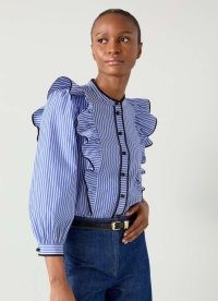 L.K. BENNETT Lucan Blue & White Striped Cotton Blouse – women’s ruffled stripe print blouses