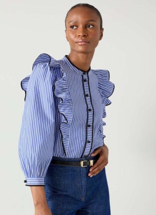 L.K. BENNETT Lucan Blue & White Striped Cotton Blouse – women’s ruffled stripe print blouses