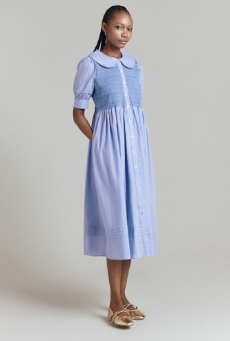 GHOST Madeleine Cotton Midi Dress Cornflower Blue – lightweight puff sleeve summer dresses