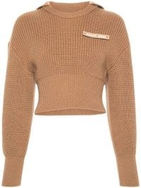 Marine Serre Logo Appliqué Sweater in Camel Brown ~ women’s cropped sweaters