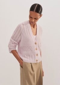 ME AND EM Merino Cashmere Silk Lace Stitch Cardigan in Light Lupin Lilac | soft luxe cardigans