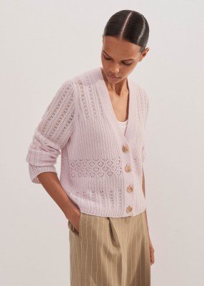 ME AND EM Merino Cashmere Silk Lace Stitch Cardigan in Light Lupin Lilac | soft luxe cardigans