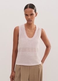 ME AND EM Merino Cashmere Silk Lace Stitch Knit Vest in Light Lupin Lilac | women’s luxe knitted vests | womens luxury non mulesed wool tank top