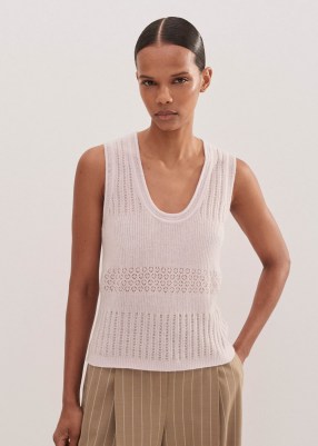 ME AND EM Merino Cashmere Silk Lace Stitch Knit Vest in Light Lupin Lilac | women’s luxe knitted vests | womens luxury non mulesed wool tank top