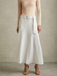REISS MICHA CONTRAST STITCH BELTED MIDI SKIRT IVORY ~ chic off white fit and flare skirts