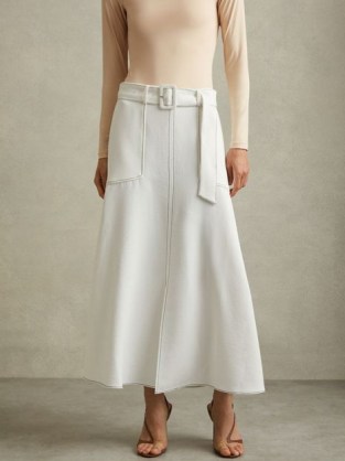 REISS MICHA CONTRAST STITCH BELTED MIDI SKIRT IVORY ~ chic off white fit and flare skirts