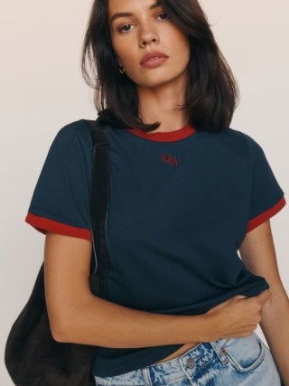 Reformation Classic Crew Tee in Midnight Logo / women’s navy and red short sleeve T-shirt / womens relaxed dark blue organic cotton T-shirts