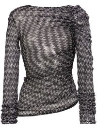 Missoni Black Zigzag-Knit Top in Black and Silver ~ fitted long sleeve ruched detail metallic thread tops ~ asymmetric hem