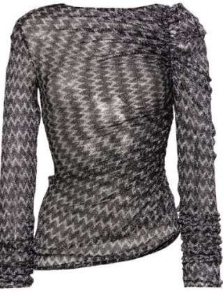 Missoni Black Zigzag-Knit Top in Black and Silver ~ fitted long sleeve ruched detail metallic thread tops ~ asymmetric hem