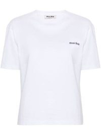 Miu Miu White Logo-Embroidery Cotton T-Shirt ~ women’s designer logo embroidered tee
