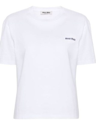 Miu Miu White Logo-Embroidery Cotton T-Shirt ~ women’s designer logo embroidered tee