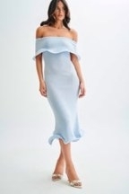 MESHKI MOLLY Off Shoulder Knit Midi Dress Sky Blue ~ fitted ripple hem dresses with bardot neckline ~ party fashion
