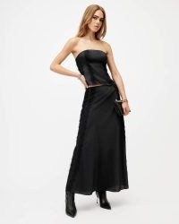 ALLSAINTS Morgan Satin Lace Panelled Maxi Skirt in Black | long length silky bias cut skirts