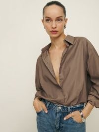 Reformation x Laura Harrier Collins Shirt in Mushroom ~ women’s brown oversized shirts