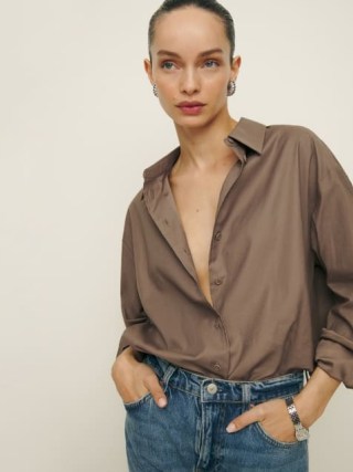 Reformation x Laura Harrier Collins Shirt in Mushroom ~ women’s brown oversized shirts