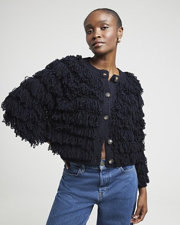 River Island Navy Fringe Knitted Cardigan | women’s fringed dark blue cardigans