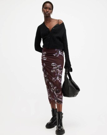 ALLSAINTS Nora Floral Mesh Midi Skirt in | sheer fitted ruched skirts