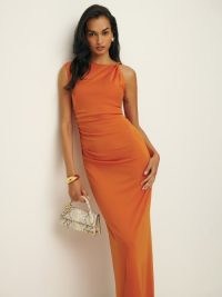 Reformation Amara Knit Dress in Orange Peel / asymmetric neckline column maxi dresses