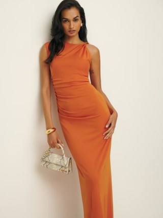 Reformation Amara Knit Dress in Orange Peel / asymmetric neckline column maxi dresses