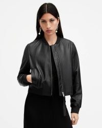 ALLSAINTS Orten Leather Bomber Jacket in Black | women’s luxe baseball collar zip up jackets