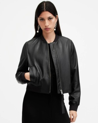 ALLSAINTS Orten Leather Bomber Jacket in Black | women’s luxe baseball collar zip up jackets