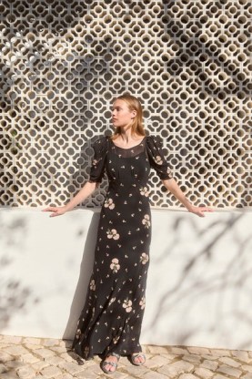 Beulah London PALOMA DANDELION EMBROIDERY DRESS ~ black floral silk georgette maxi evening dresses ~ luxe occasion fashion