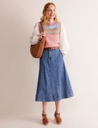Boden Panelled Full Denim Skirt in Mid Vintage | women’s 70s style blue A-line midi skirts
