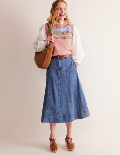 Boden Panelled Full Denim Skirt in Mid Vintage | women’s 70s style blue A-line midi skirts