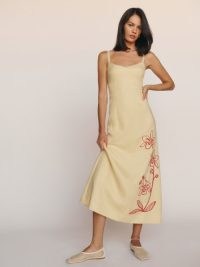 Reformation Colette Linen Dress in Parmesan / floral sleeveless sweetheart neckline midi dresses