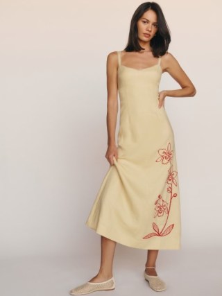 Reformation Colette Linen Dress in Parmesan / floral sleeveless sweetheart neckline midi dresses