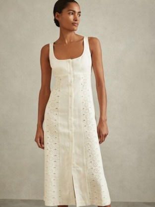 Reiss CLARICE LINEN BRODERIE MIDI DRESS IVORY / women’s sleeveless summer dresses