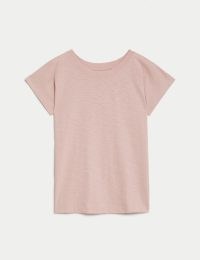 M&S COLLECTION Pure Cotton Everyday Fit Slash Neck T-shirt in Pink Shell / women’s essential summer tee / Marks & Spencer T-shirts