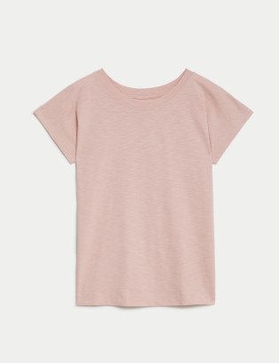 M&S COLLECTION Pure Cotton Everyday Fit Slash Neck T-shirt in Pink Shell / women’s essential summer tee / Marks & Spencer T-shirts