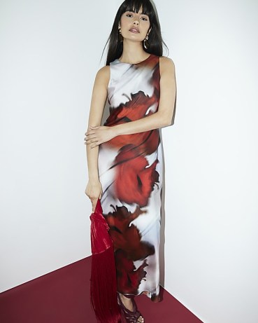 River Island Red Abstract Print Belted Slip Dress | sleeveless maxi dresses | women’s party fashion