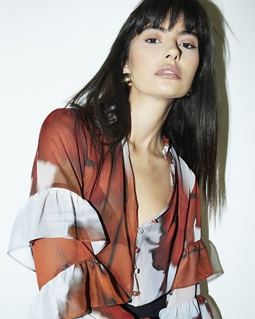 RIVER ISLAND Red Abstract Print Frill Blouse ~ sheer ruffle sleeve blouses