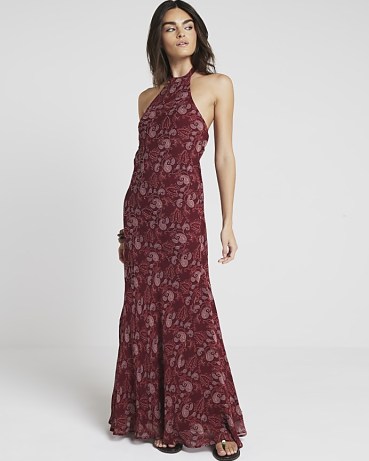 RIVER ISLAND Red Floral Halter Neck Bodycon Maxi Dress – long halterneck evening dresses